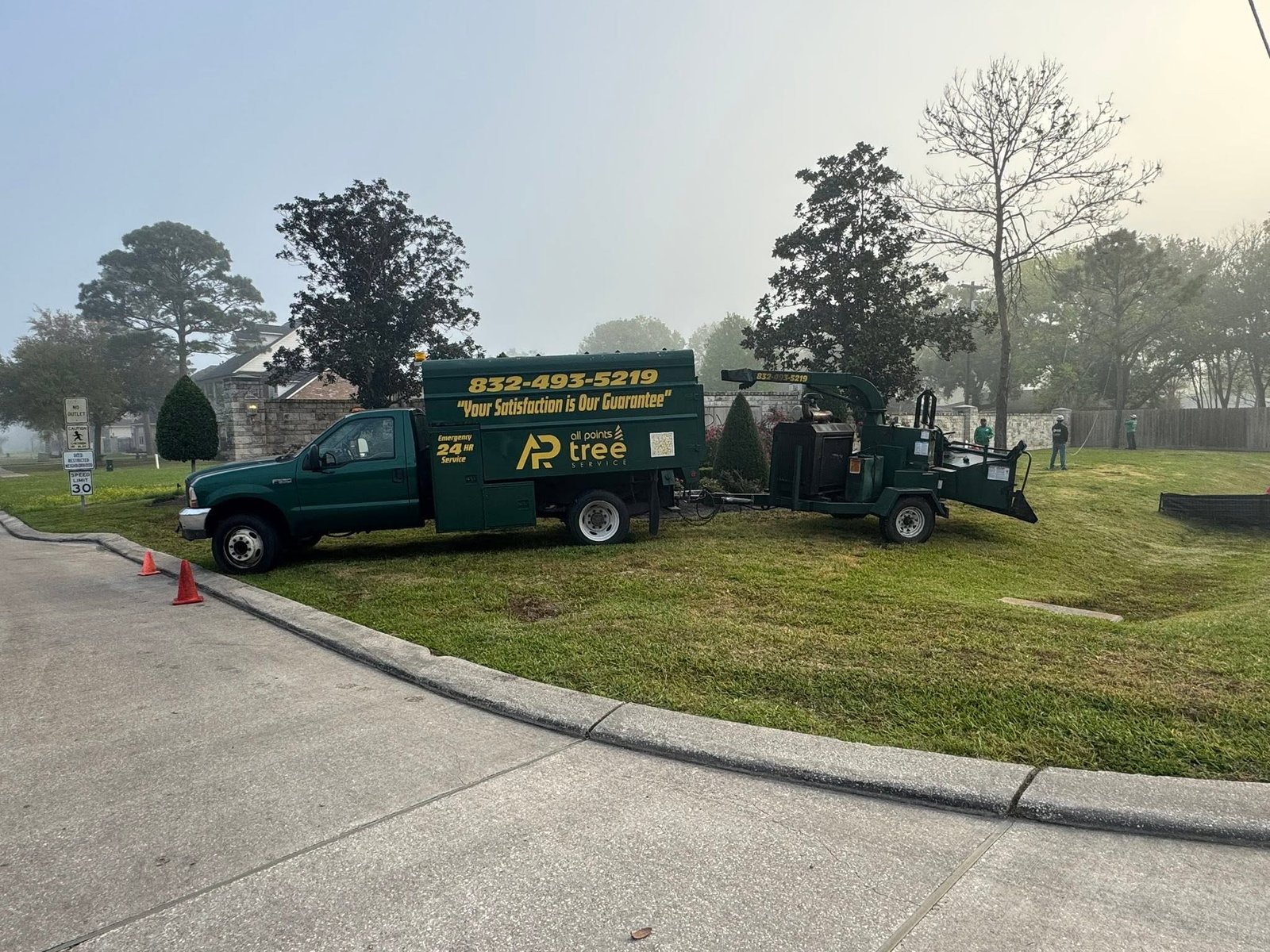 All Points Tree Service branded truck and tree care equipment at a residential worksite
