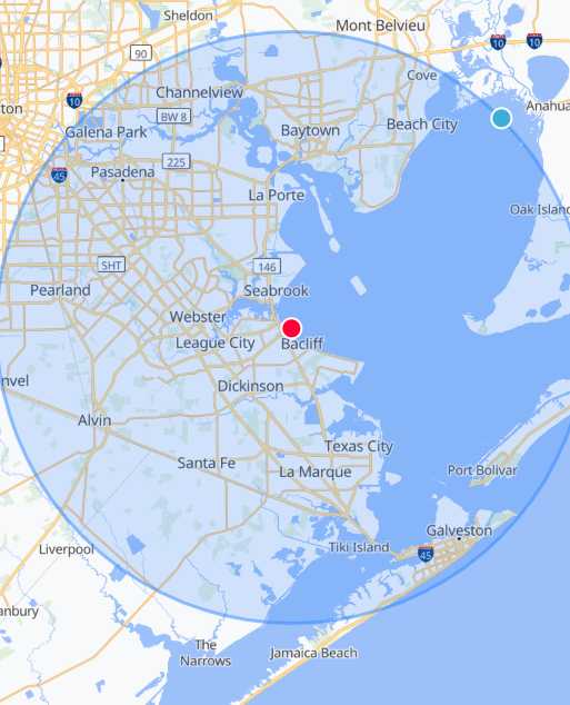 Approximate All Points Tree Service coverage map for South Galveston County and nearby communities